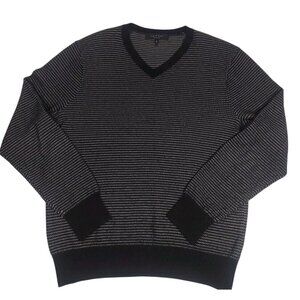Men's Rag And Bone V Neck Sweater Size L Gray Black Tweed Striped Cotton…